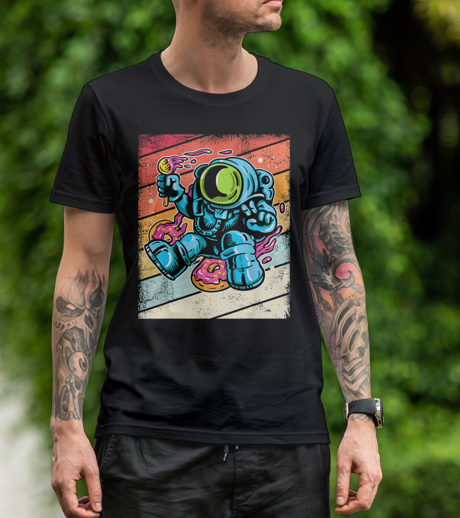 Astronaut Enjoying Ice Cream And Donuts In Retro Space Suit On Colorful T-Shirt