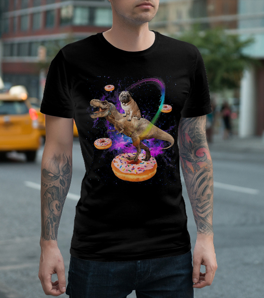 Space Pug Riding Dinosaur T-Rex With Donuts And Galactic Background T-Shirt