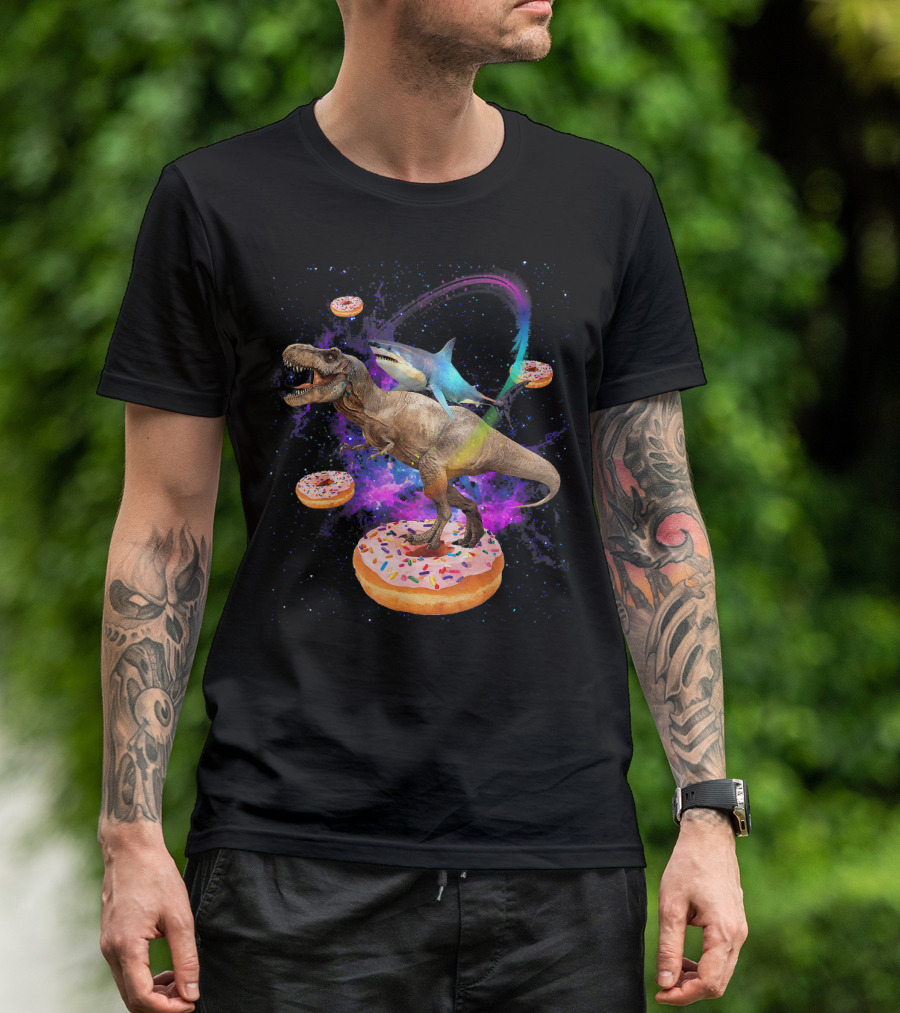 Space Shark And T-Rex Riding On Glazed Donut Galaxy T-Shirt