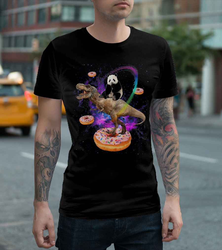 Space Panda Riding T-Rex on Sprinkled Donuts in Galaxy T-Shirt