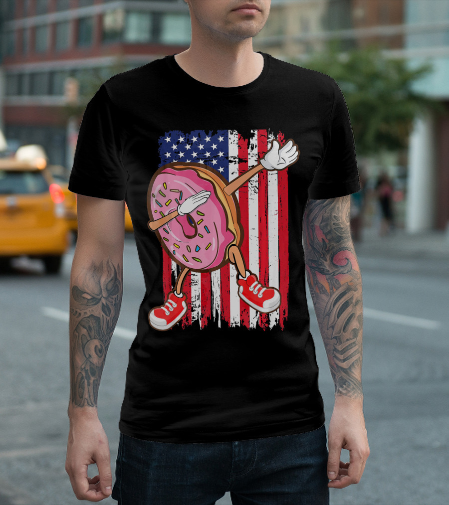 Dabbing American USA Strawberry Frosted Donut On Flag Background T-Shirt
