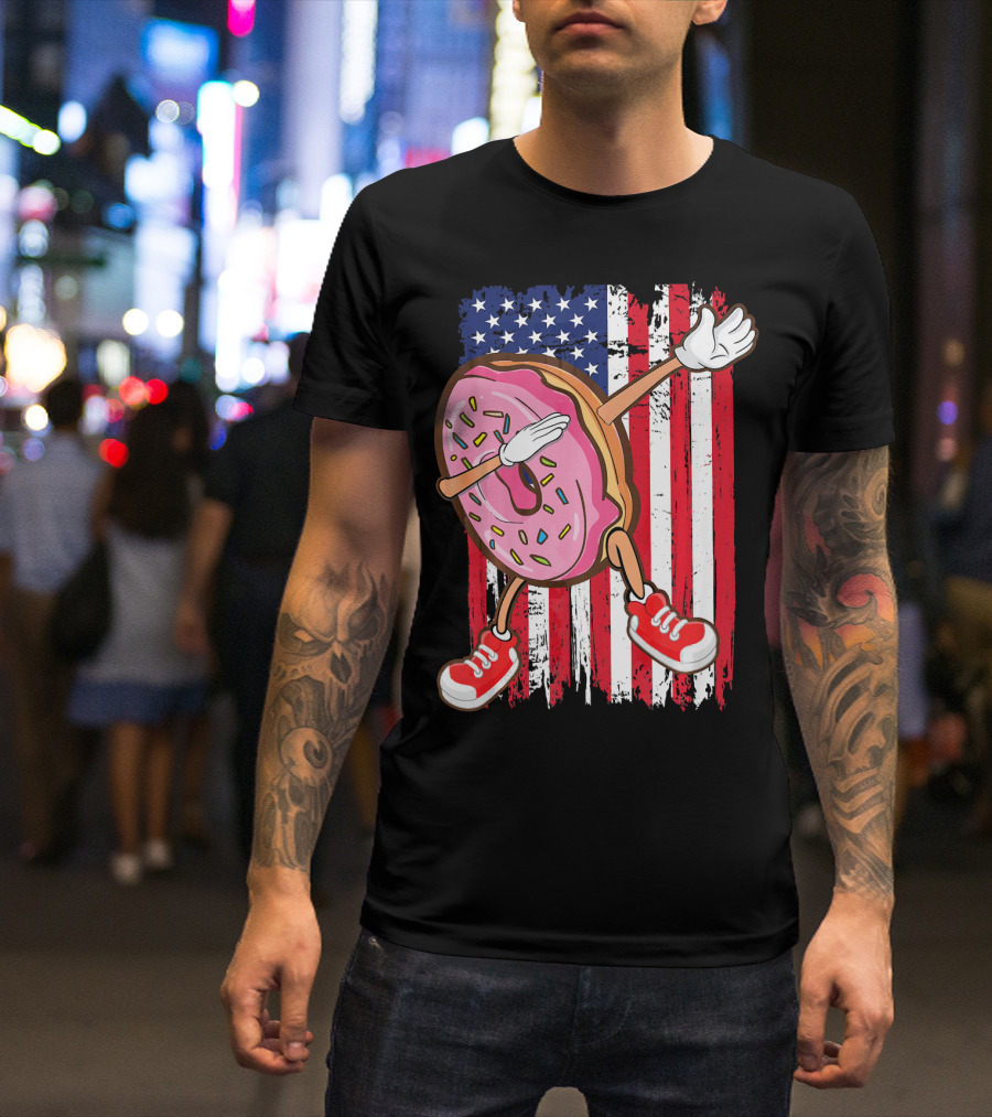 Dabbing American USA Strawberry Frosted Donut On Flag Background T-Shirt