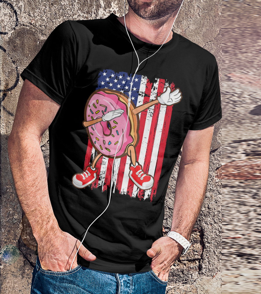 Dabbing American USA Strawberry Frosted Donut On Flag Background T-Shirt