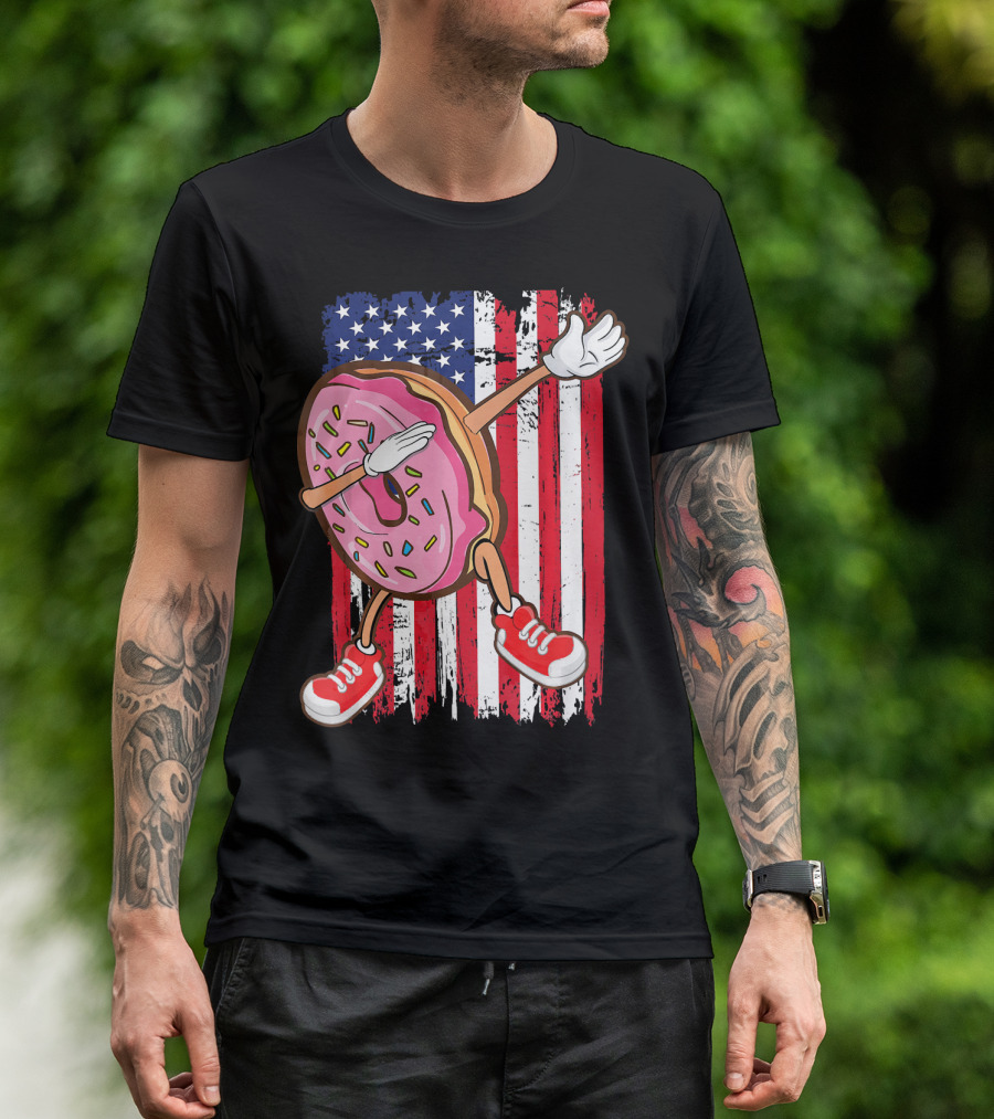 Dabbing American USA Strawberry Frosted Donut On Flag Background T-Shirt