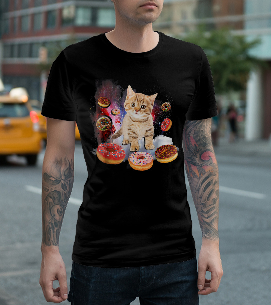 Cosmic Encounter With Cat Surrounded By Colorful Donuts In Space T-Shirt