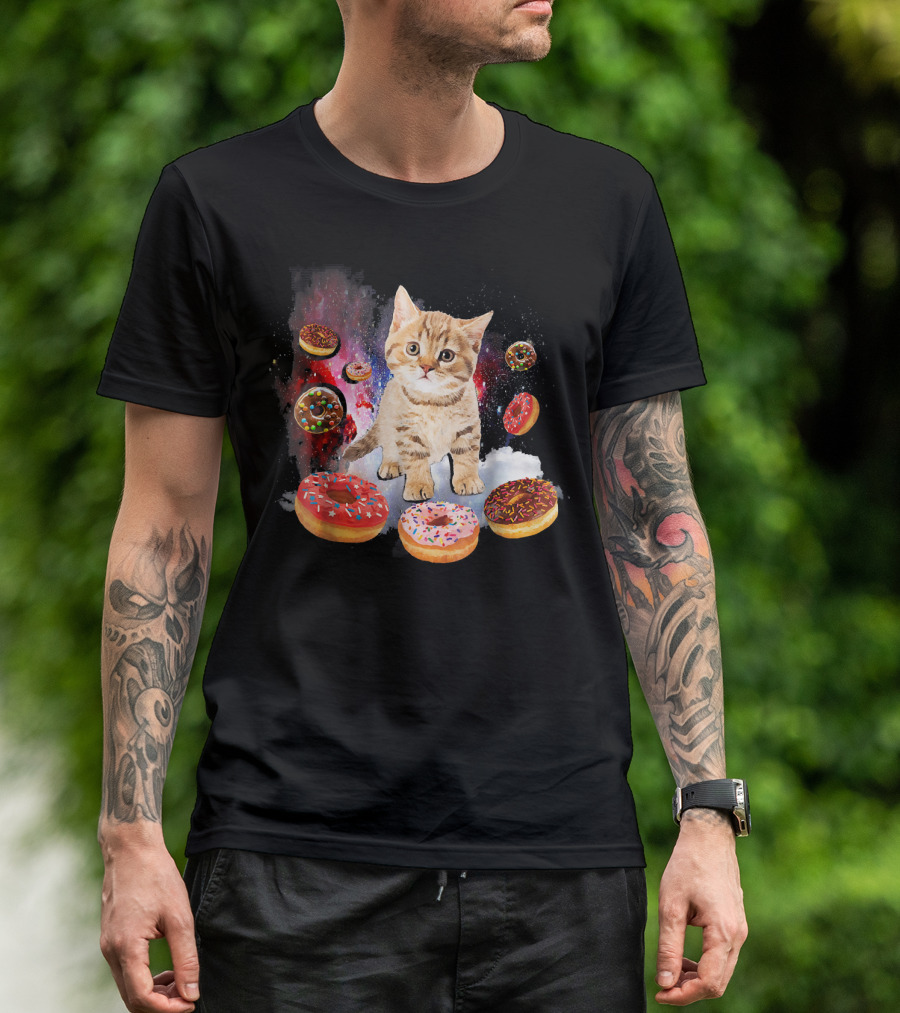 Cosmic Encounter With Cat Surrounded By Colorful Donuts In Space T-Shirt