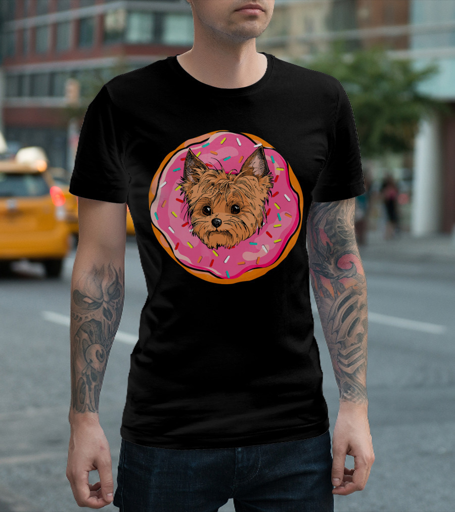 Funny Donut Dog Face Yorkie Yorkie Donut Sprinkles T-Shirt