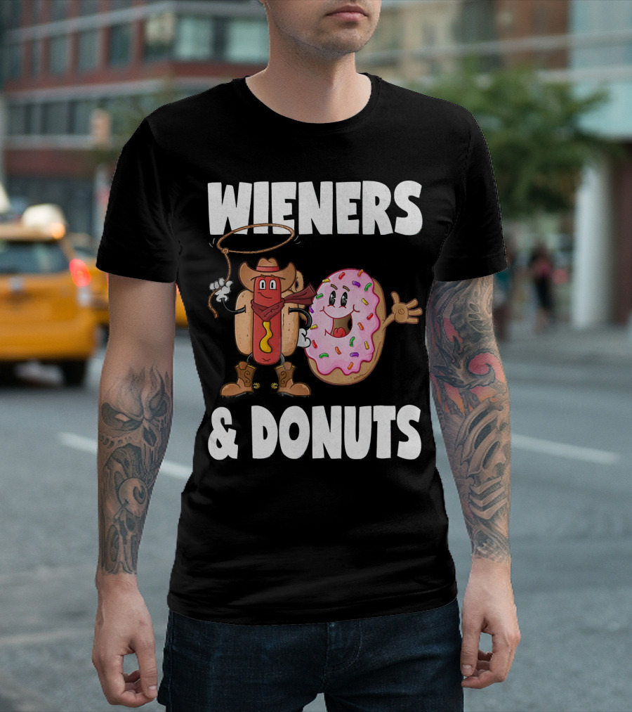 WIENERS and DONUTS Funny Vintage Hot Dog Cowboy and Happy Donut with Sprinkles T-Shirt