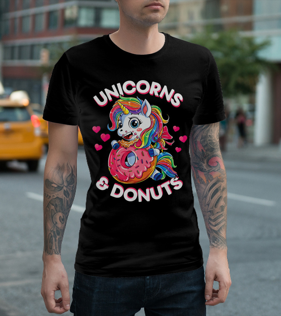 UNICORNS and DONUTS Rainbow Unicorn Eating Donut Surrounded by Hearts T-Shirt