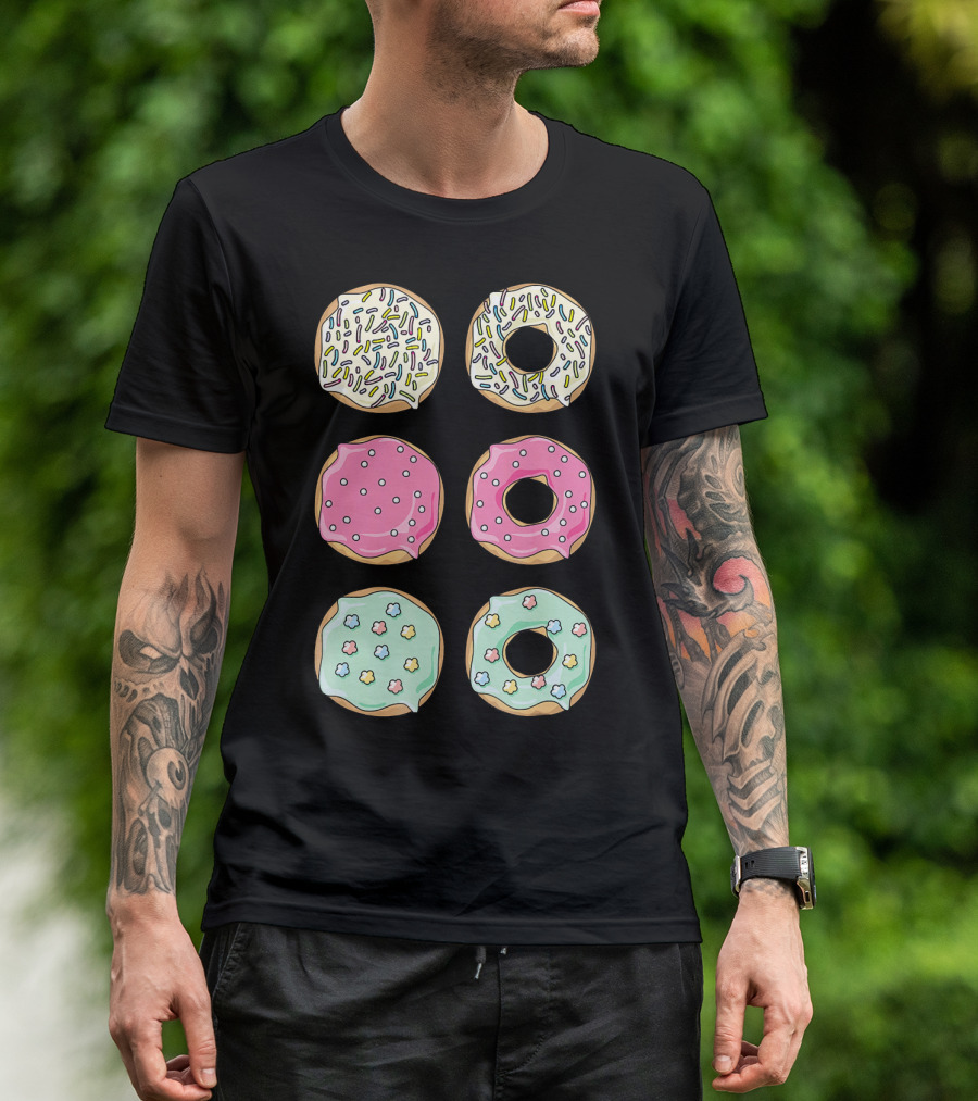 Colorful Pastel Sprinkles Donuts Pink Glaze Floral Shapes T-Shirt
