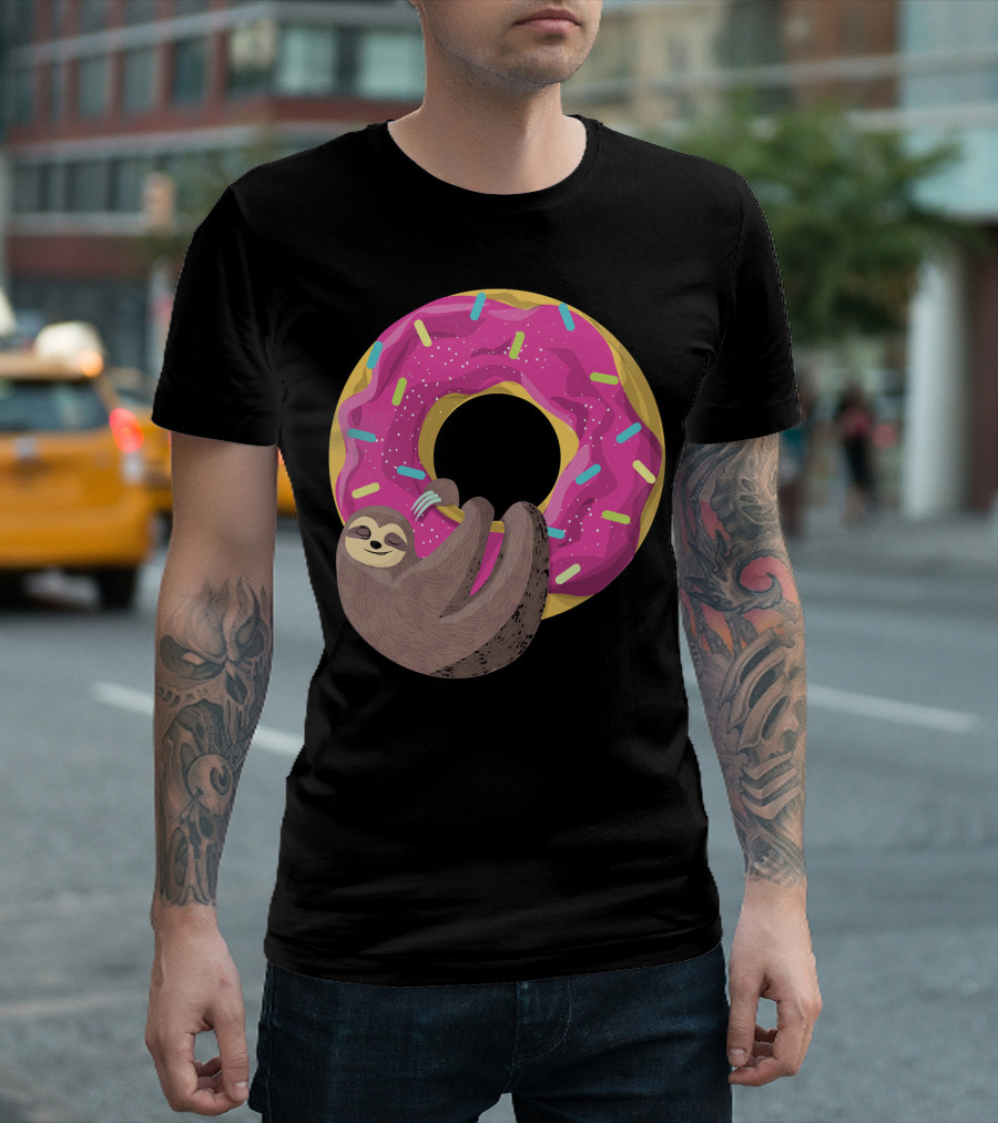 Sloth Hugging Pink Sprinkled Donut T-Shirt
