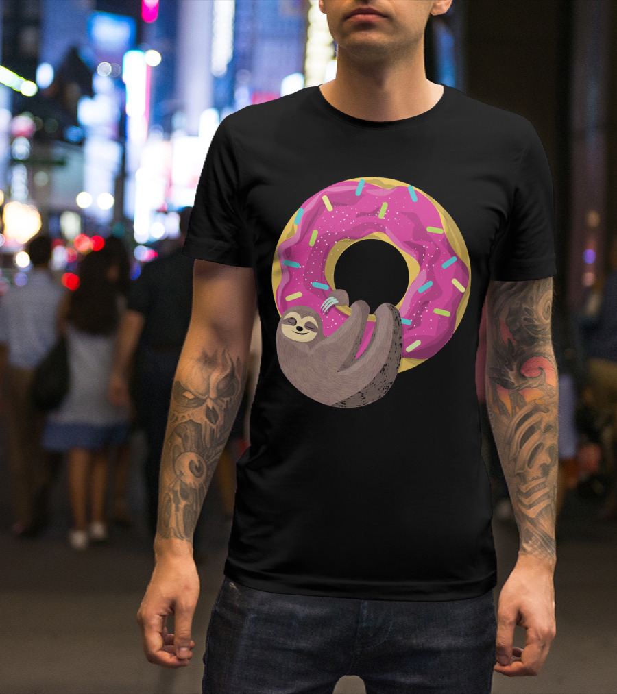 Sloth Hugging Pink Sprinkled Donut T-Shirt