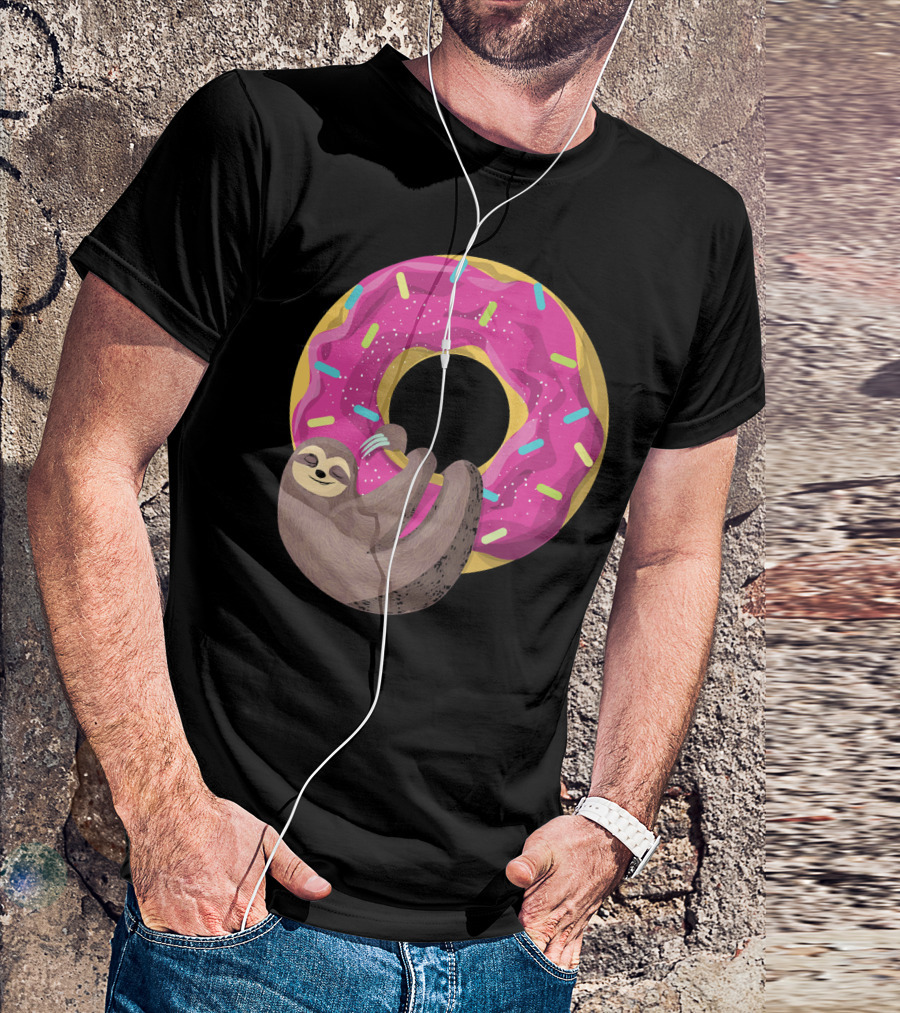 Sloth Hugging Pink Sprinkled Donut T-Shirt