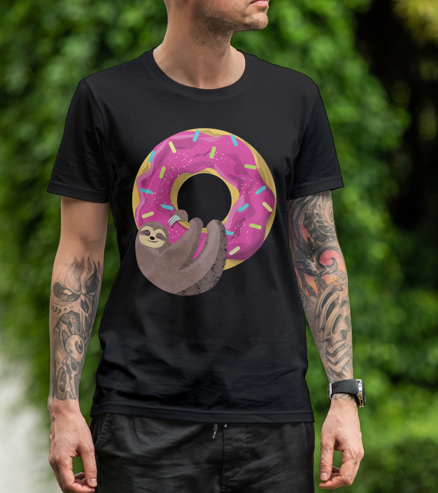 Sloth Hugging Pink Sprinkled Donut T-Shirt