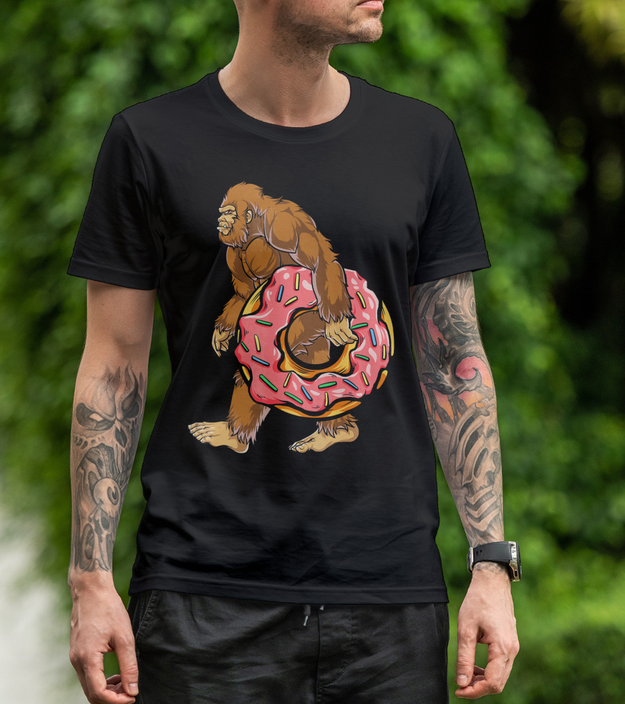 Bigfoot Sasquatch Holding Sprinkled Donut T-Shirt