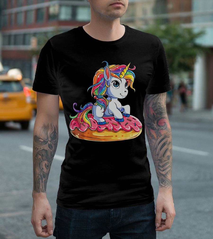Rainbow Unicorn Sitting on Donut Girls Kids T-Shirt
