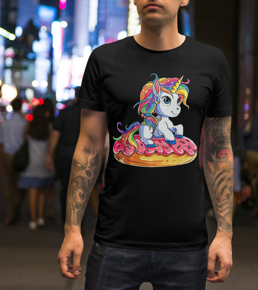 Rainbow Unicorn Sitting On Donut Girls Kids T-Shirt