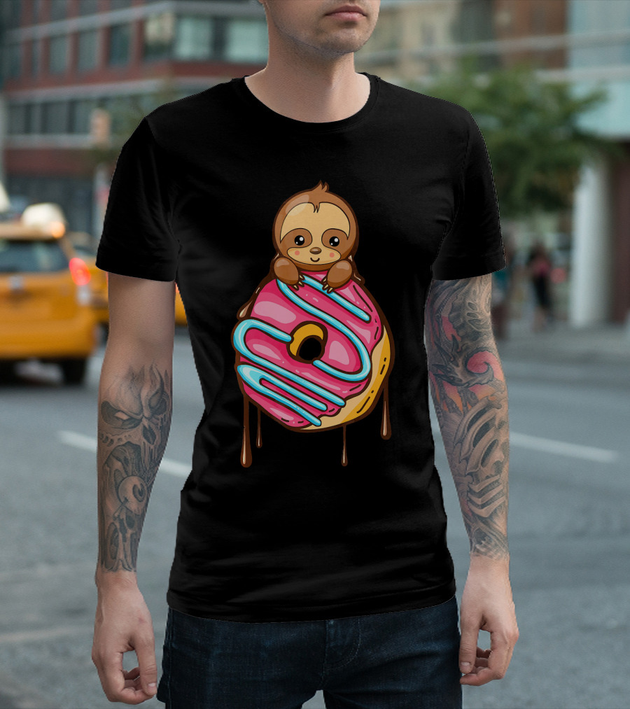 Cute Sloth And Pink Frosted Donut Lover T-Shirt