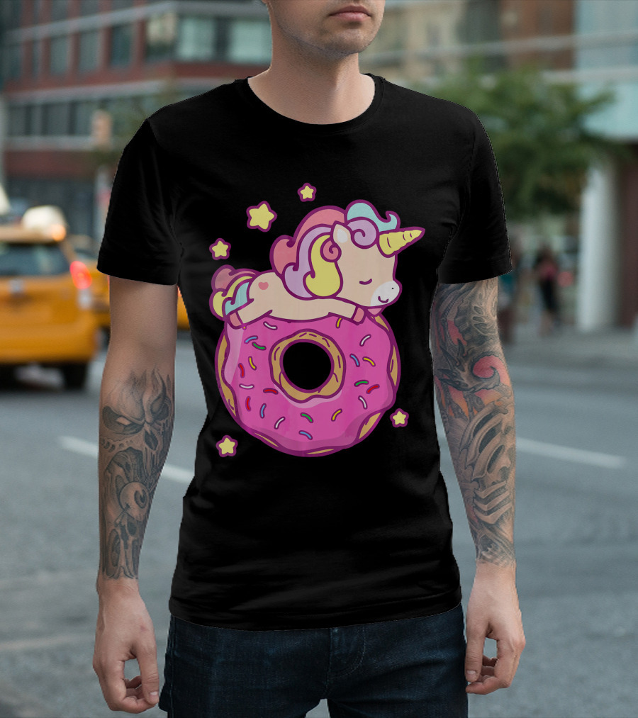 Cute Unicorn Donut Girls Kids Donut Day Sleepy Starry Sprinkle Delight T-Shirt