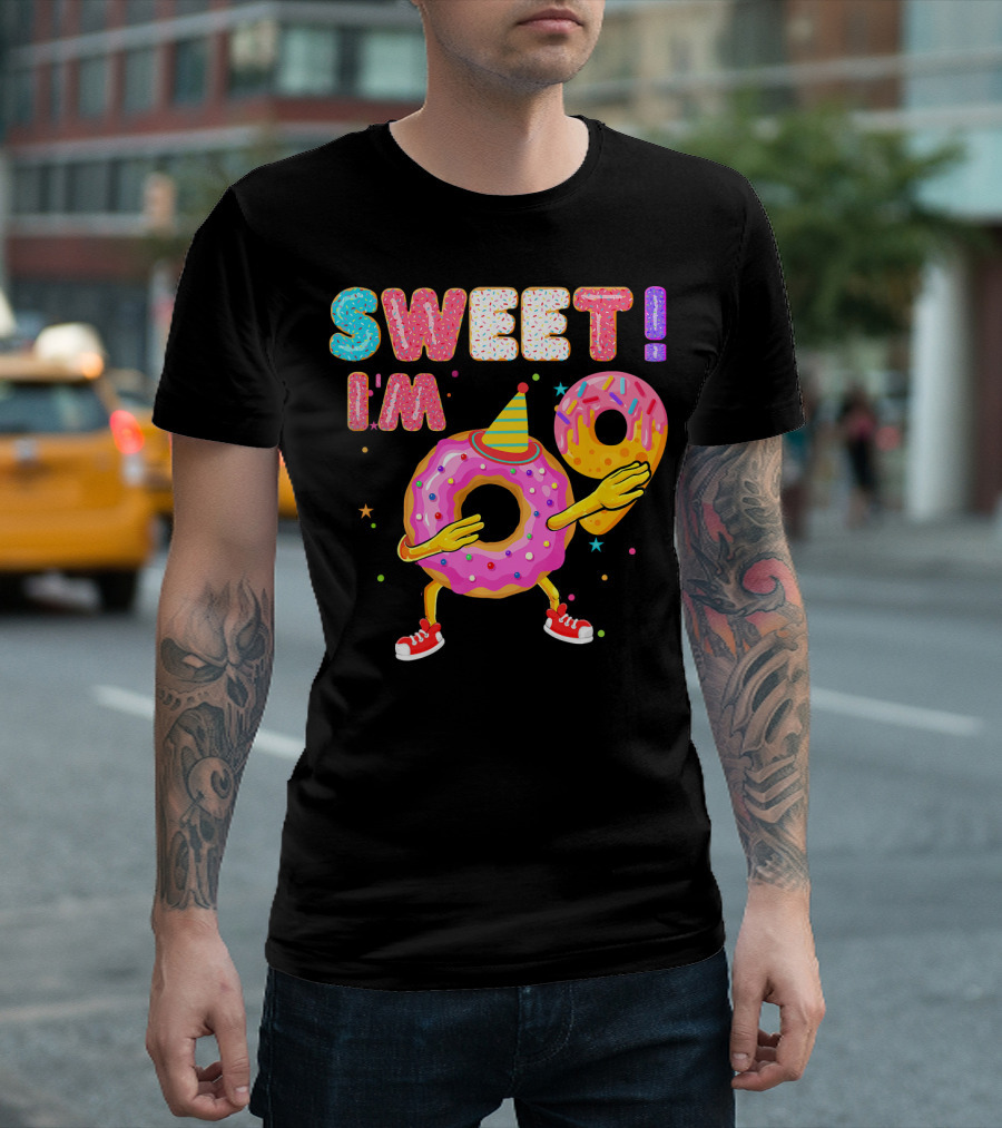 Sweet I'm 9 Years Old Birthday Donut with Sprinkles and Party Hat T-Shirt