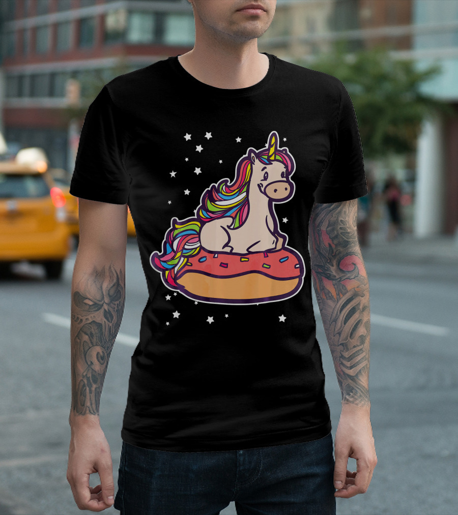 Rainbown Pastel Colors Unicorn Donut Fun With Stars T-Shirt
