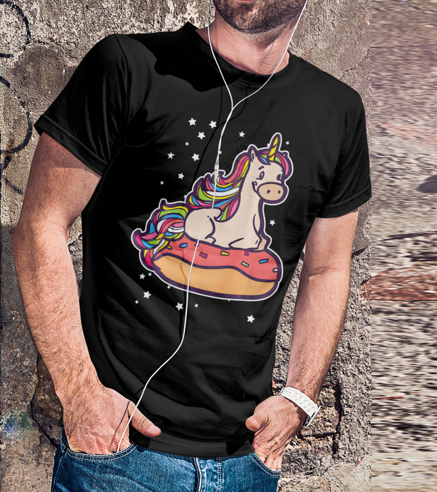 Rainbown Pastel Colors Unicorn Donut Fun With Stars T-Shirt