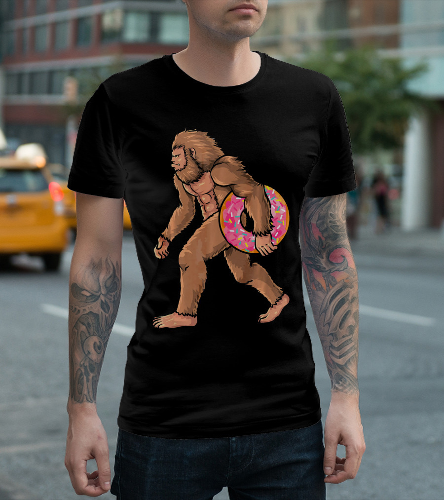 Bigfoot With Sprinkled Doughnut Walking Image T-Shirt
