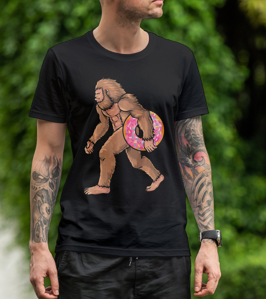 Bigfoot With Sprinkled Doughnut Walking Image T-Shirt