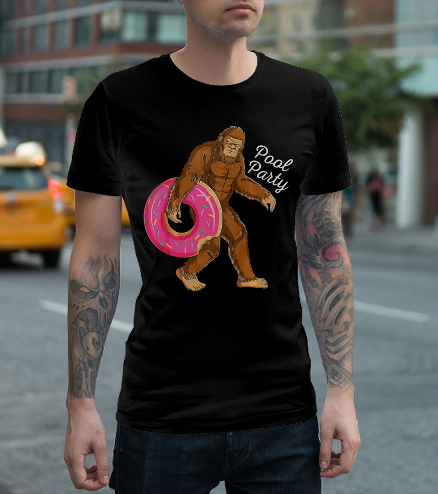 Pool Party Bigfoot Sasquatch with Donut Floaty T-Shirt