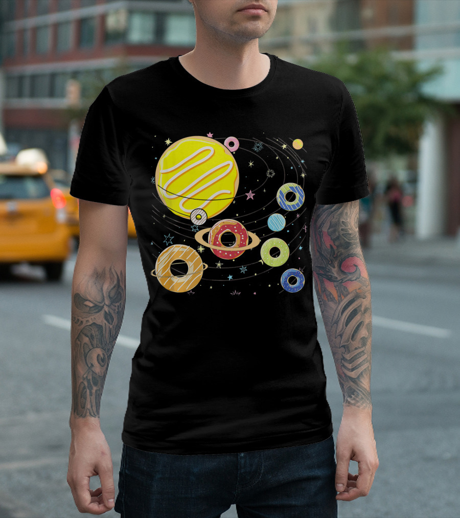 Galaxy Planets As Glazed Donuts Doughnuts With Stars T-Shirt