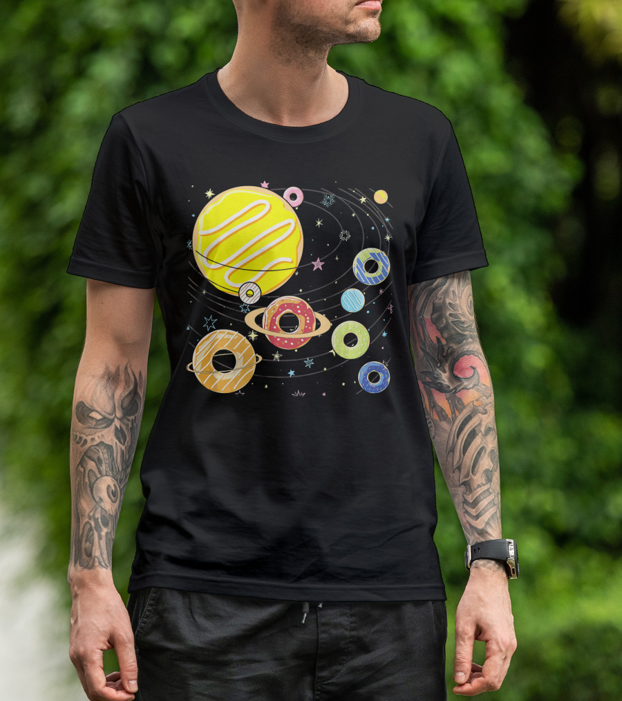 Galaxy Planets As Glazed Donuts Doughnuts With Stars T-Shirt