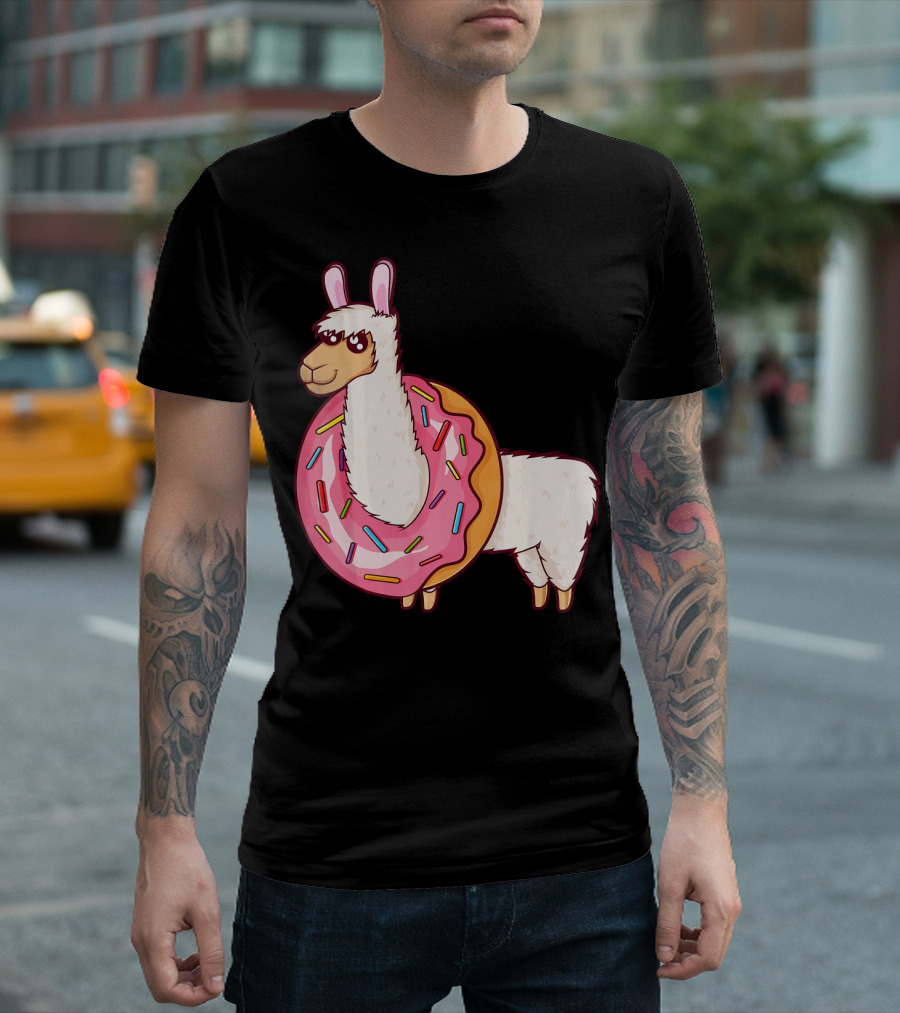 Cute Llama in a Sprinkled Donut Hole Alpaca T-Shirt