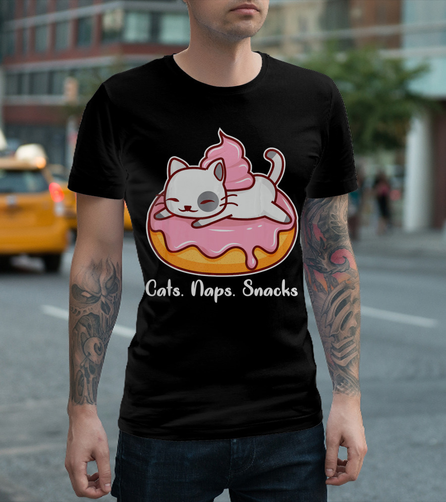 Cats Naps Snacks With Cute Kitty On Pink Icing Donut T-Shirt