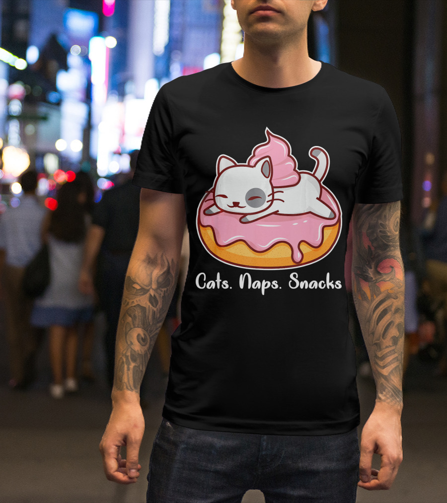 Cats Naps Snacks With Cute Kitty On Pink Icing Donut T-Shirt