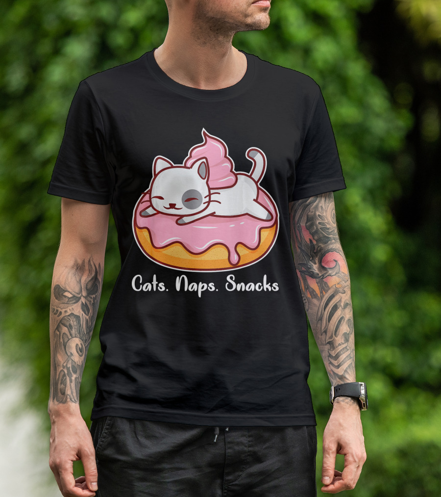 Cats Naps Snacks With Cute Kitty On Pink Icing Donut T-Shirt