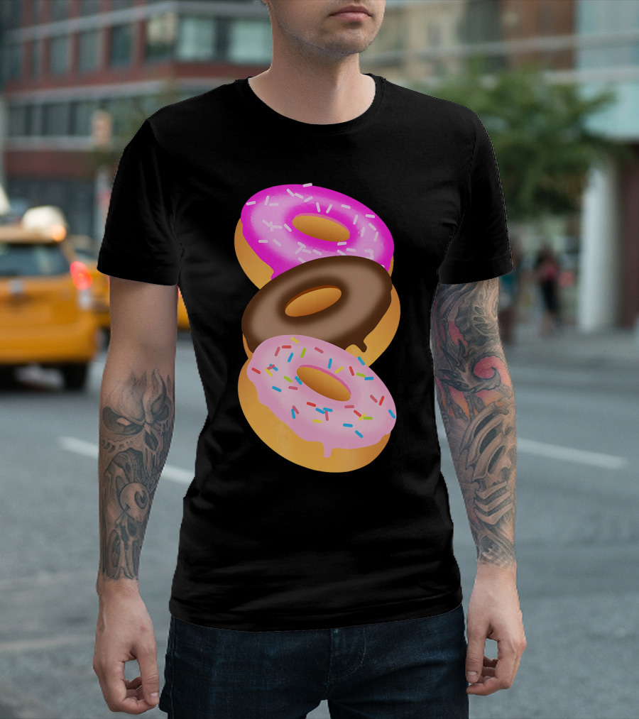 Donuts Doughnut Confection Pink Chocolate Frosted Doughnut Trio T-Shirt