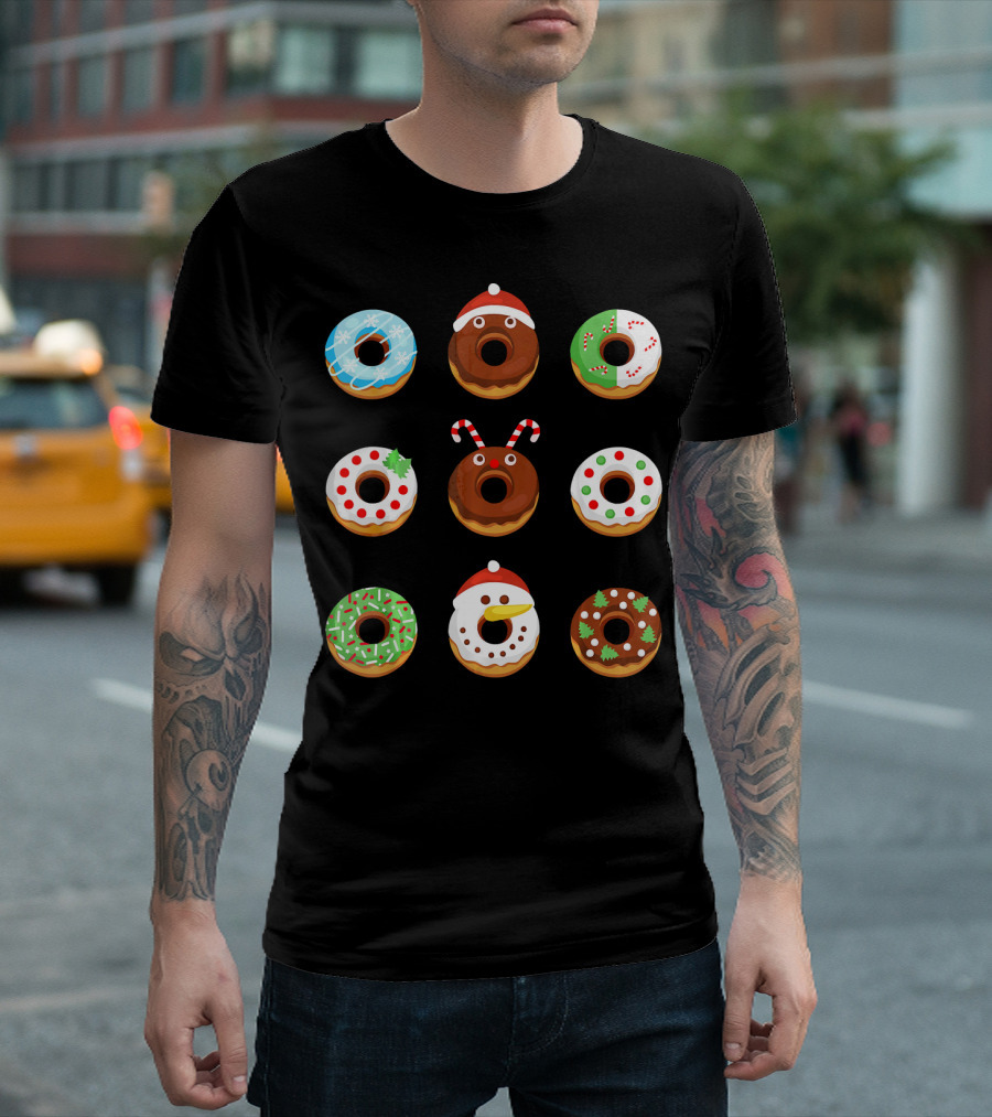 Christmas Donut Snowflakes Santa Candy Canes Holly Wreath Trees Snowman T-Shirt