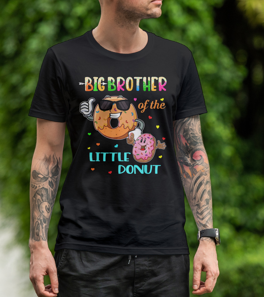 BIG BROTHER OF THE LITTLE DONUT WITH COLORFUL HEARTS AND CARTOON CHARACTERS T-Shirt