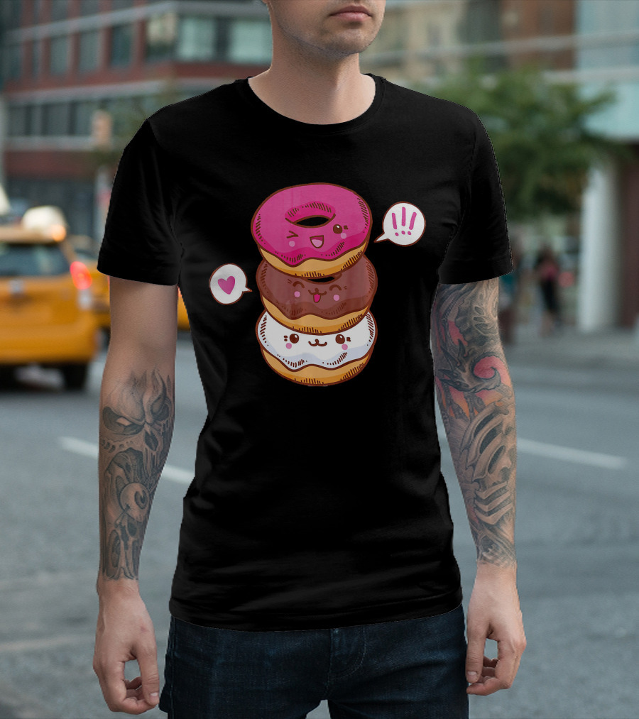 Kawaii Cheerleading Donut Stack With Cute Expressions And Heart Speech Bubbles T-Shirt