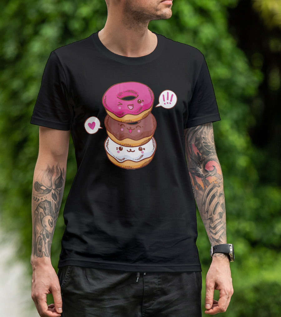 Kawaii Cheerleading Donut Stack With Cute Expressions And Heart Speech Bubbles T-Shirt