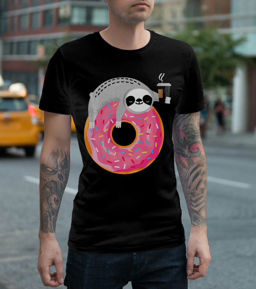 Sloth Relaxing on Sprinkled Donut Holding Steaming Coffee Cup T-Shirt