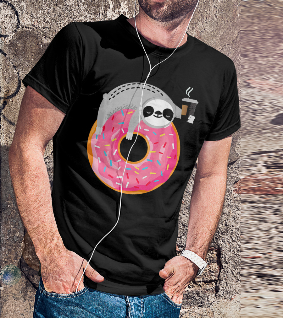 Sloth Relaxing On Sprinkled Donut Holding Steaming Coffee Cup T-Shirt
