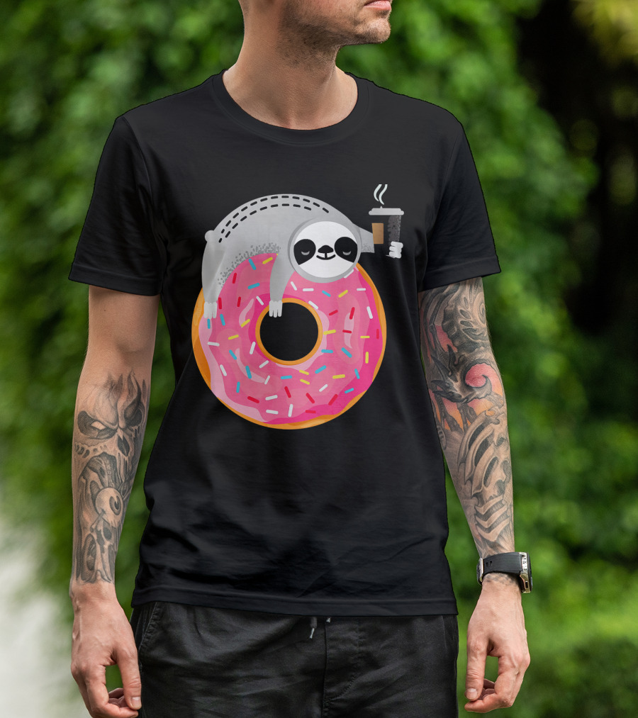 Sloth Relaxing On Sprinkled Donut Holding Steaming Coffee Cup T-Shirt