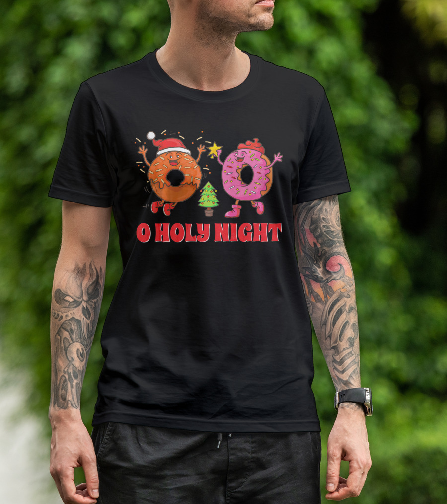 O Holy Night Christmas Donuts With Santa Hat And Tree T-Shirt