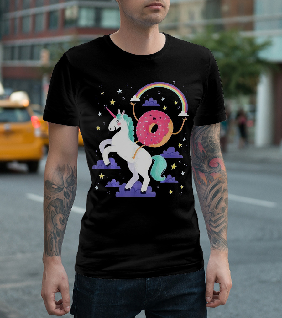 Donut Riding Unicorn with Rainbow and Stars T-Shirt