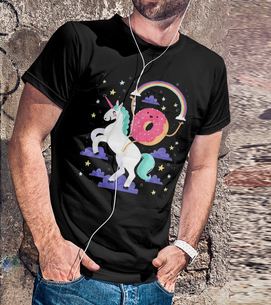 Donut Riding Unicorn With Rainbow And Stars T-Shirt