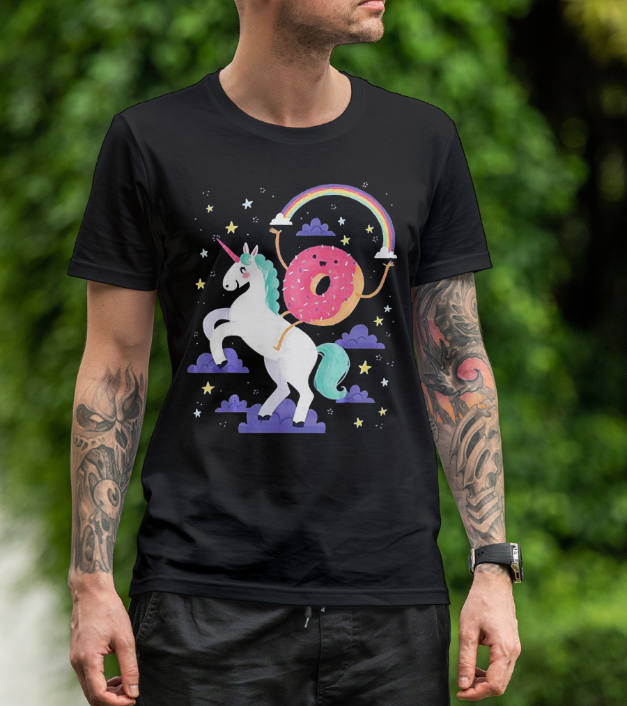 Donut Riding Unicorn With Rainbow And Stars T-Shirt