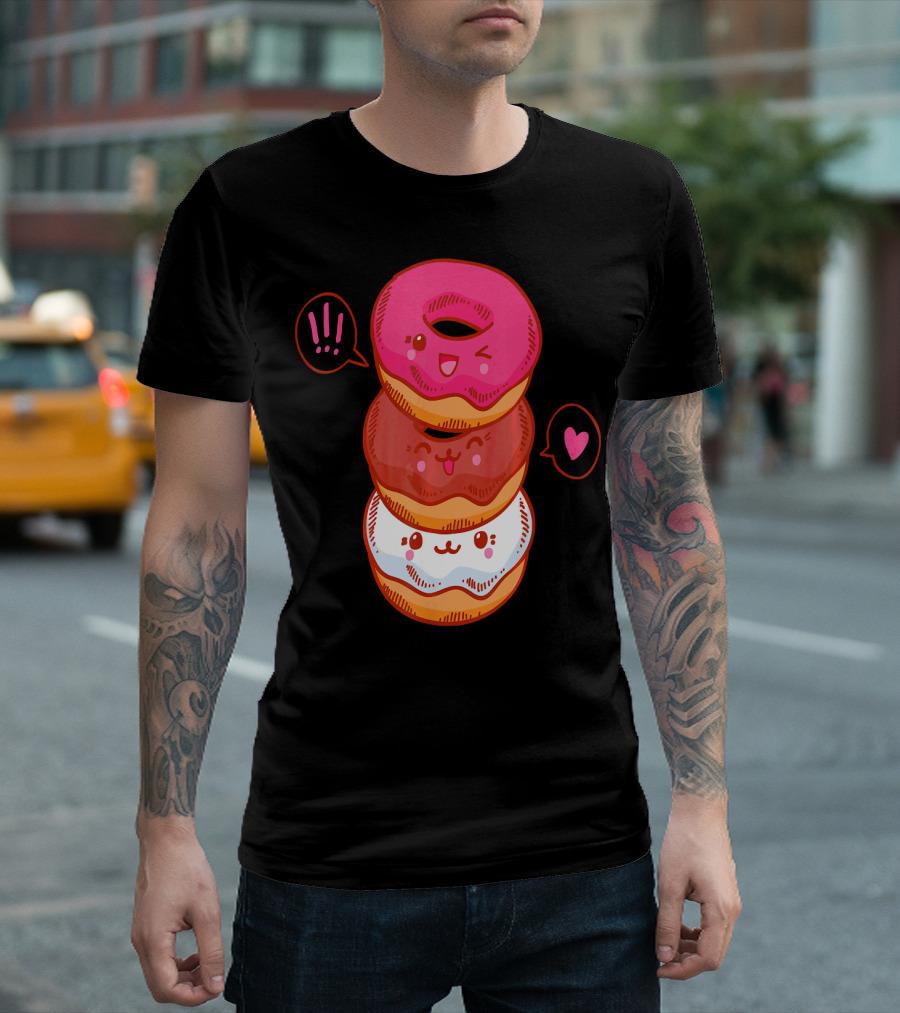 Kawaii Donuts Stack With Cute Faces And Heart T-Shirt