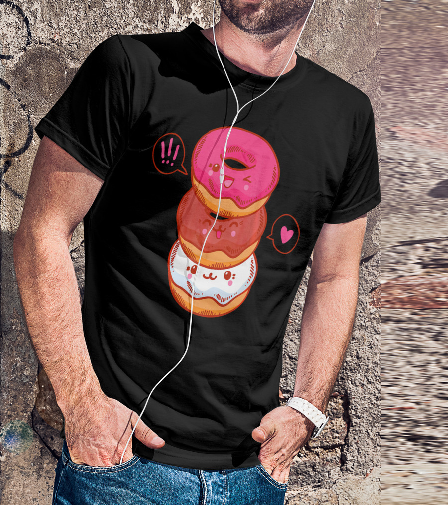 Kawaii Donuts Stack With Cute Faces And Heart T-Shirt