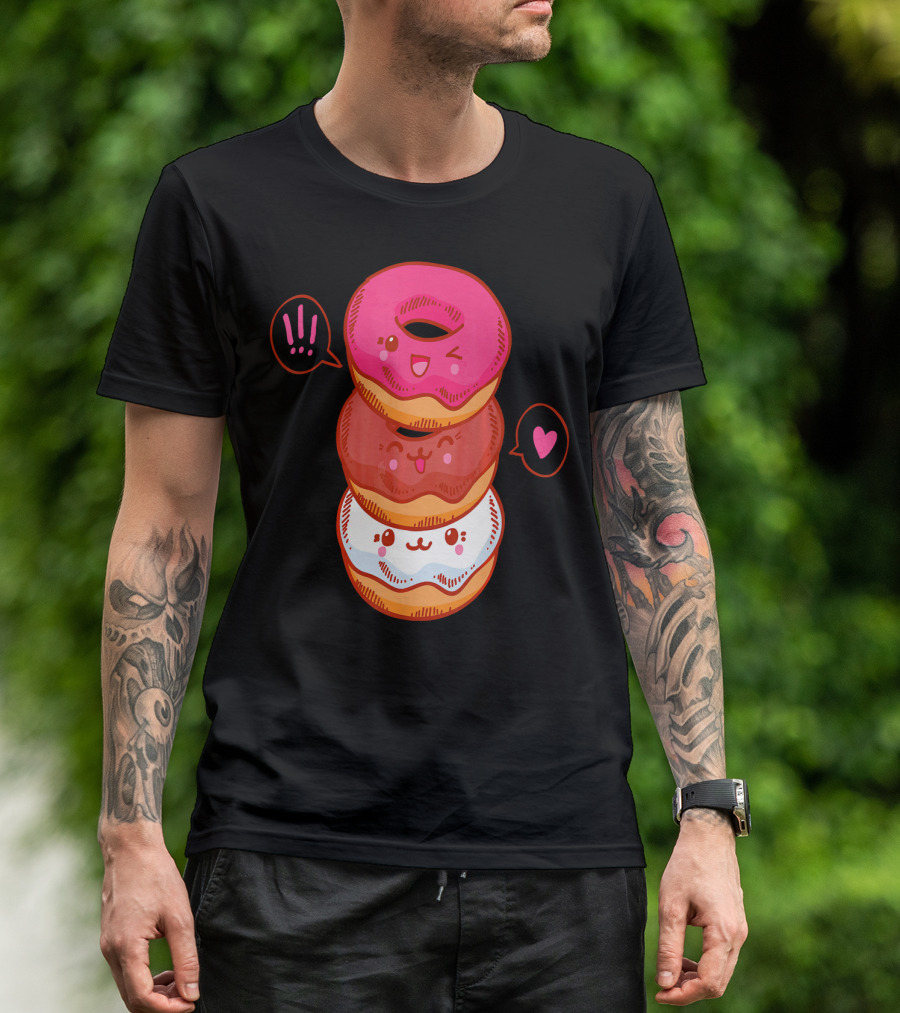 Kawaii Donuts Stack With Cute Faces And Heart T-Shirt